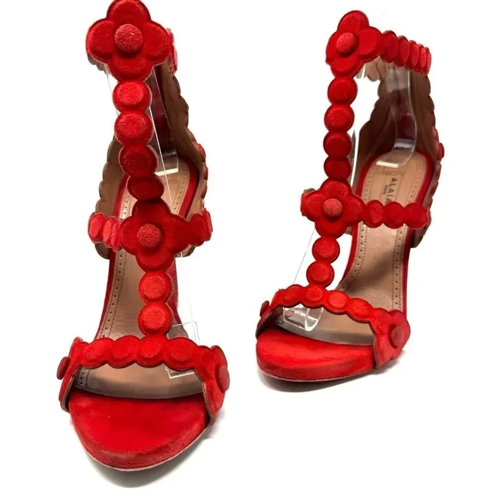 Alaia La Bombe T‑Strap Red Suede Pumps Floral Heels Size 37 / US 7